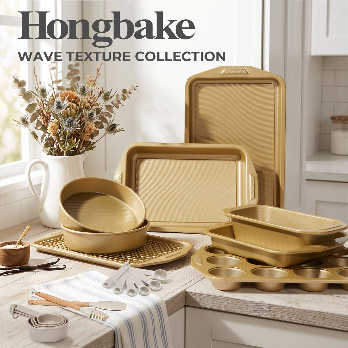 HONGBAKE 34-Piece Non Stick Bakeware Sets with Wave Texture for Reduced Grease, 0.8mm Thick Non Toxic Baking Pans Set, Includes Stackable Cookie Sheets for Oven, Gold