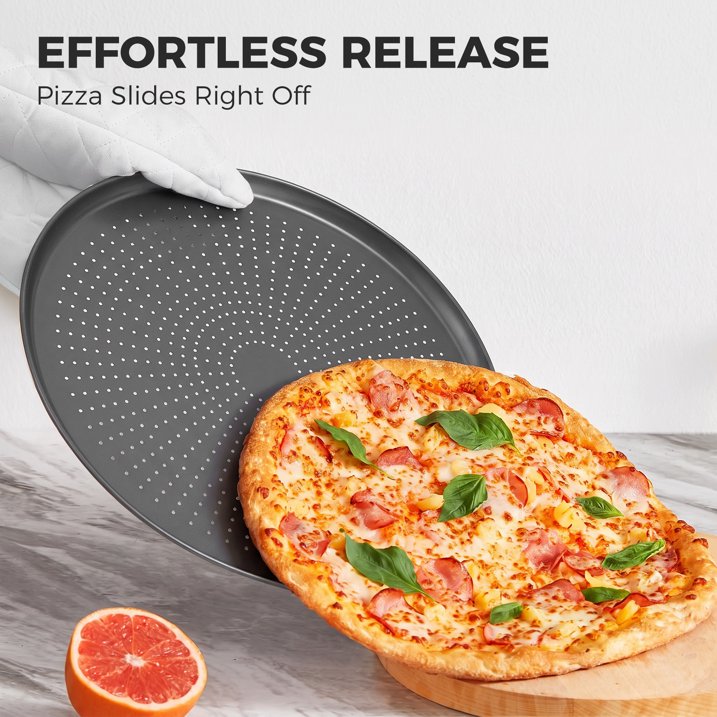 HONGBAKE 16 Inch Pizza Pan for Baking, 2 Pack Non-Stick Non-Stick Pizza Tray for Oven, Carbon Steel Perforated Crispy Pizza pan with Holes, Round Baking Pan for Frozen & Homemade Pizza, Grey