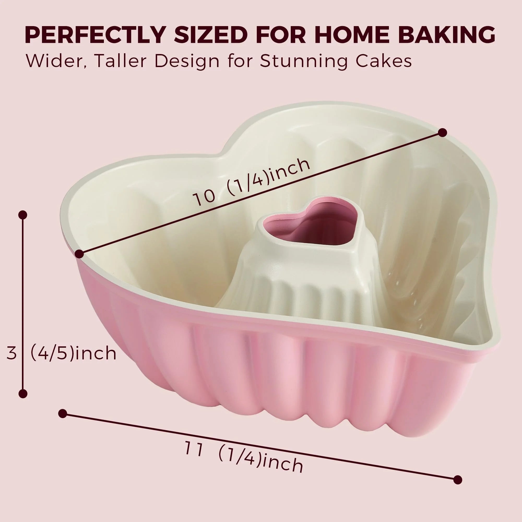 HONGBAKE Heart Shaped Cake Pan, Cast Aluminum Pound Cake Pan with Non-Toxic Ceramic Coating, Nonstick Fluted Cake Mold for Baking, Valentine's Day & Special Occasions,10-Inch, Pink