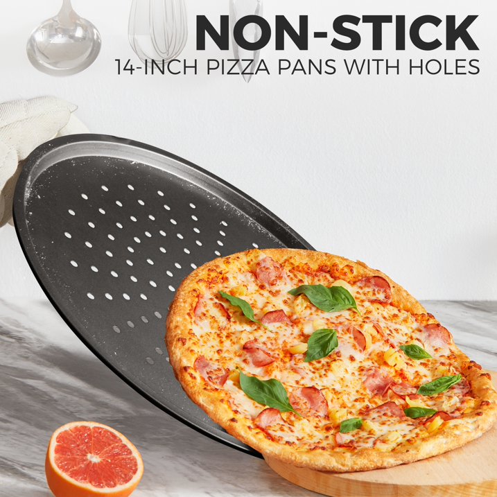 HONGBAKE 14 Inch Pizza Pan for Baking, 2 Pack Non-Stick Non-Stick Pizza Tray for Oven, Carbon Steel Perforated Crispy Pizza pan with Holes, Round Baking Pan for Frozen & Homemade Pizza, Grey