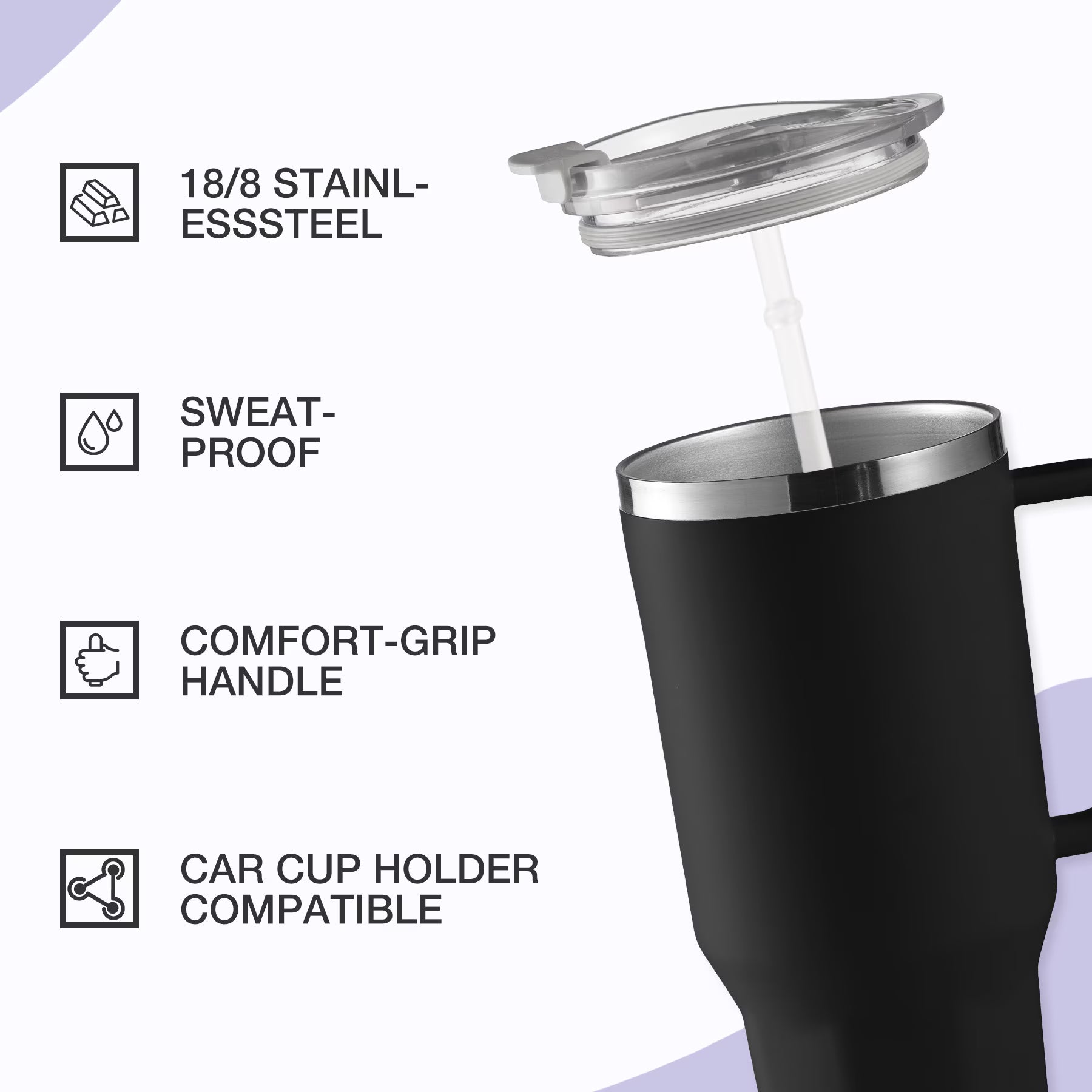 HONGBAKE 40oz Stainless Steel Tumbler with Handle & Straw Lid, Vacuum Insulated Tumbler, Black