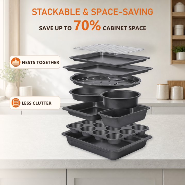 HONGBAKE 29-Pcs Nonstick Carbon Steel Bakeware Set, Baking Pan Set with Baking Sheets, Cake Pans, Loaf Pan & Muffin Pan, Grey