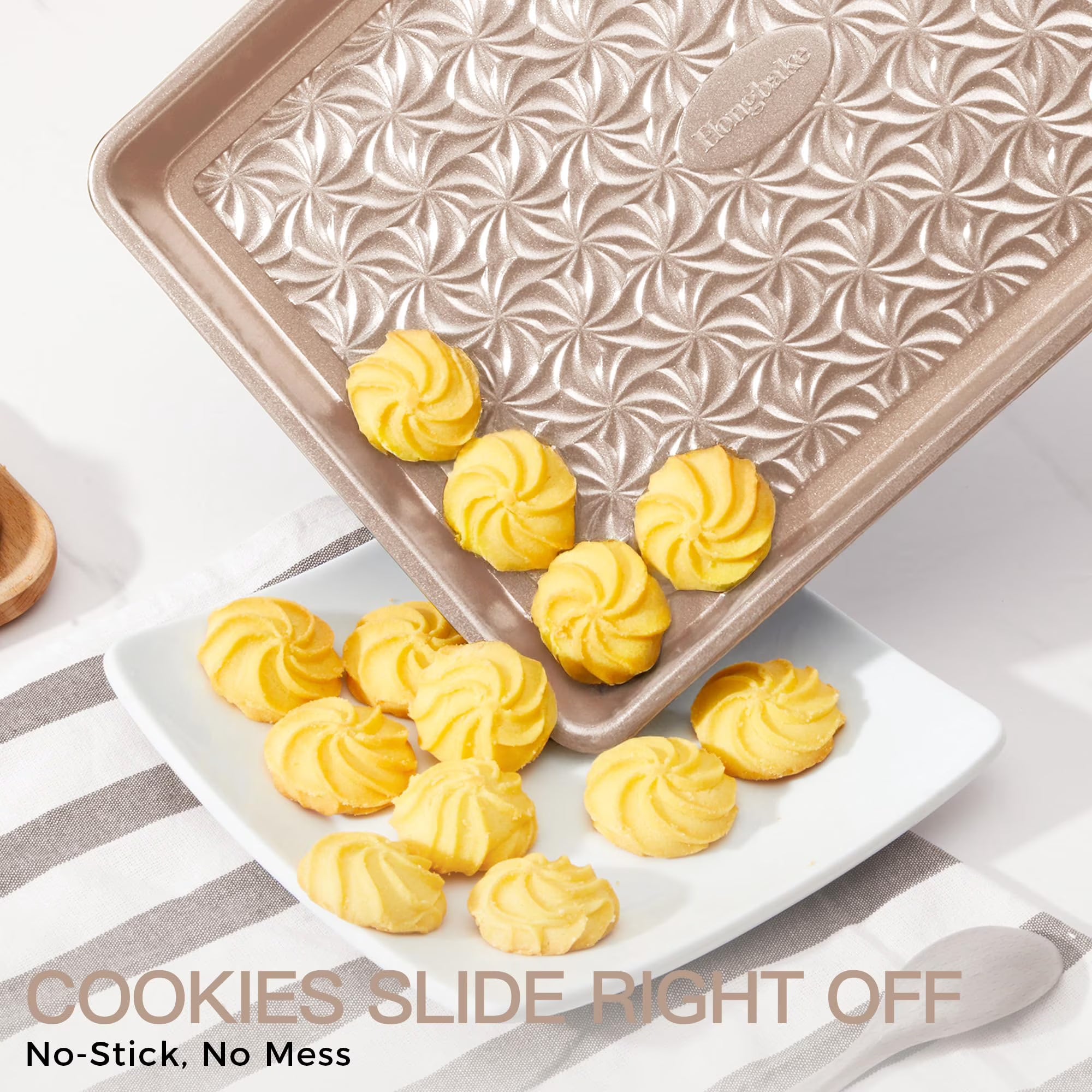 HONGBAKE Nonstick Baking Sheet Pan Set of 3, Cookie Sheets for Oven, Non-Toxic Half/Quarter/Jelly Roll Pans with Floral Swirl Texture, Heavy Duty 0.8mm Thick Oven Trays for Cooking, Gold