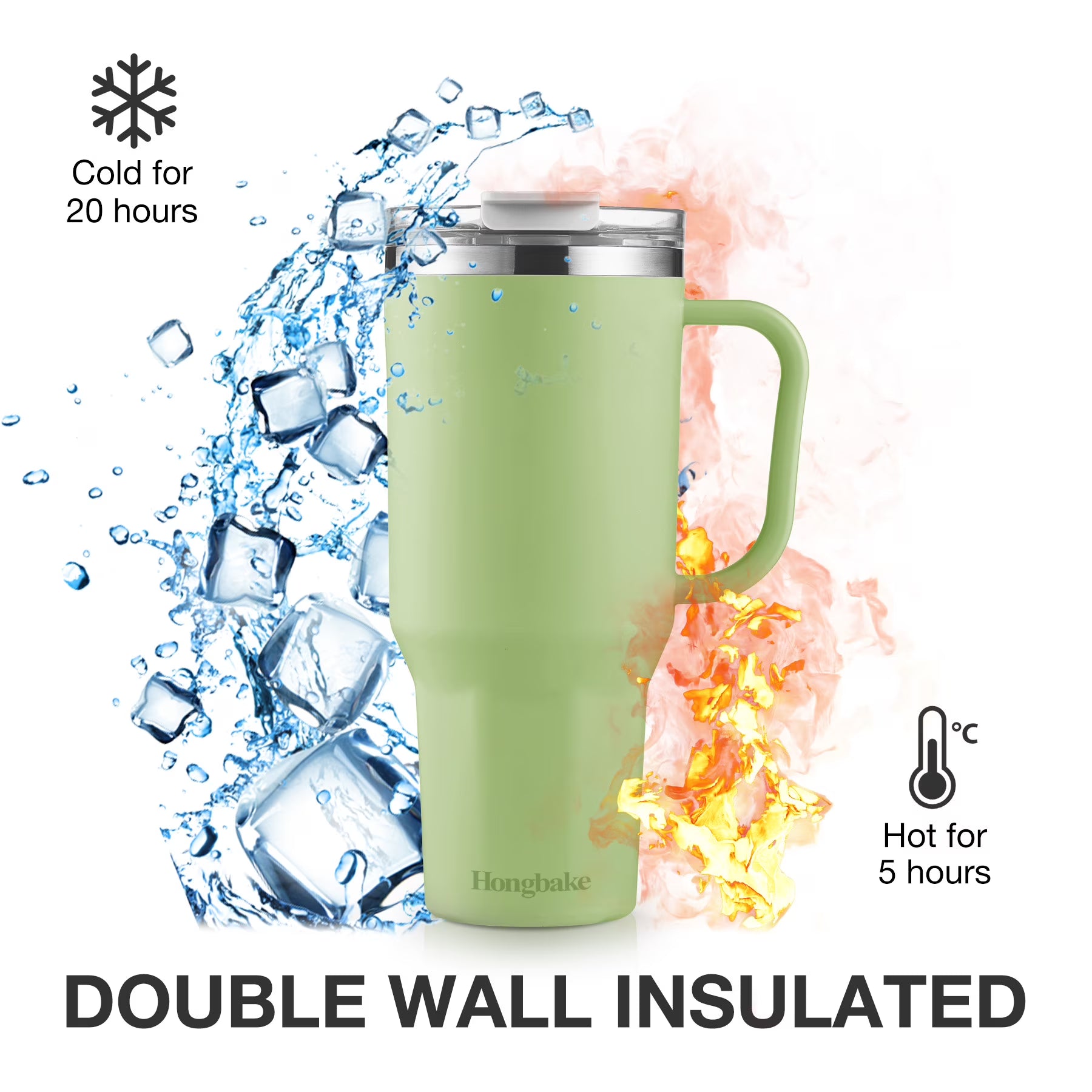 HONGBAKE 40oz Stainless Steel Tumbler with Handle & Straw Lid, Vacuum Insulated Tumbler, Sage Green