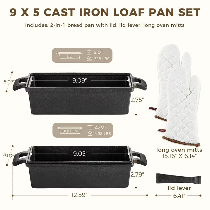 HONGBAKE 2 in 1 Cast Iron Bread Pan with oven mitts, Lid, Lid Lever, 9x5 Loaf Pans for Homemade Bread, Sourdough Baking Pan, Pre-Seasoned Nonstick Rectangular Dutch Oven, Banana Bread Tins, Black
