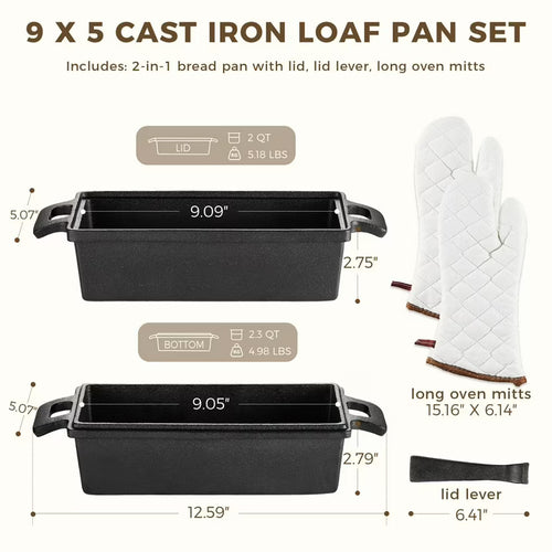 HONGBAKE 2 in 1 Cast Iron Bread Pan with oven mitts, Lid, Lid Lever, 9x5 Loaf Pans for Homemade Bread, Sourdough Baking Pan, Pre-Seasoned Nonstick Rectangular Dutch Oven, Banana Bread Tins, Black
