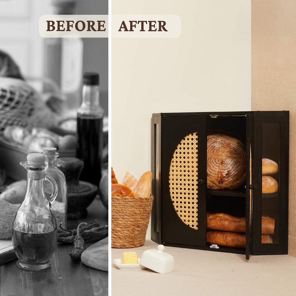 Double Layer Corner Bread Box for Kitchen Counter with Height-adjustable Partition, Black Bamboo Wooden Bread Box for Multiple Loaves, Modern Breadbox for Kitchen Countertop -Large