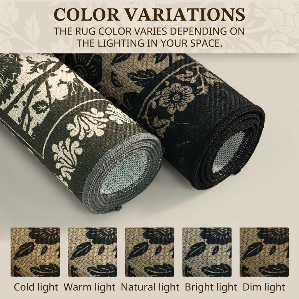 MatEssenz Washable Area Rug 2'x3', Non-Slip Low-Pile Entryway Kitchen Rug, Absorbent Pet-Friendly Vintage Floral, Black/Tan