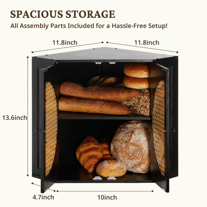Double Layer Corner Bread Box for Kitchen Counter with Height-adjustable Partition, Black Bamboo Wooden Bread Box for Multiple Loaves, Modern Breadbox for Kitchen Countertop -Small