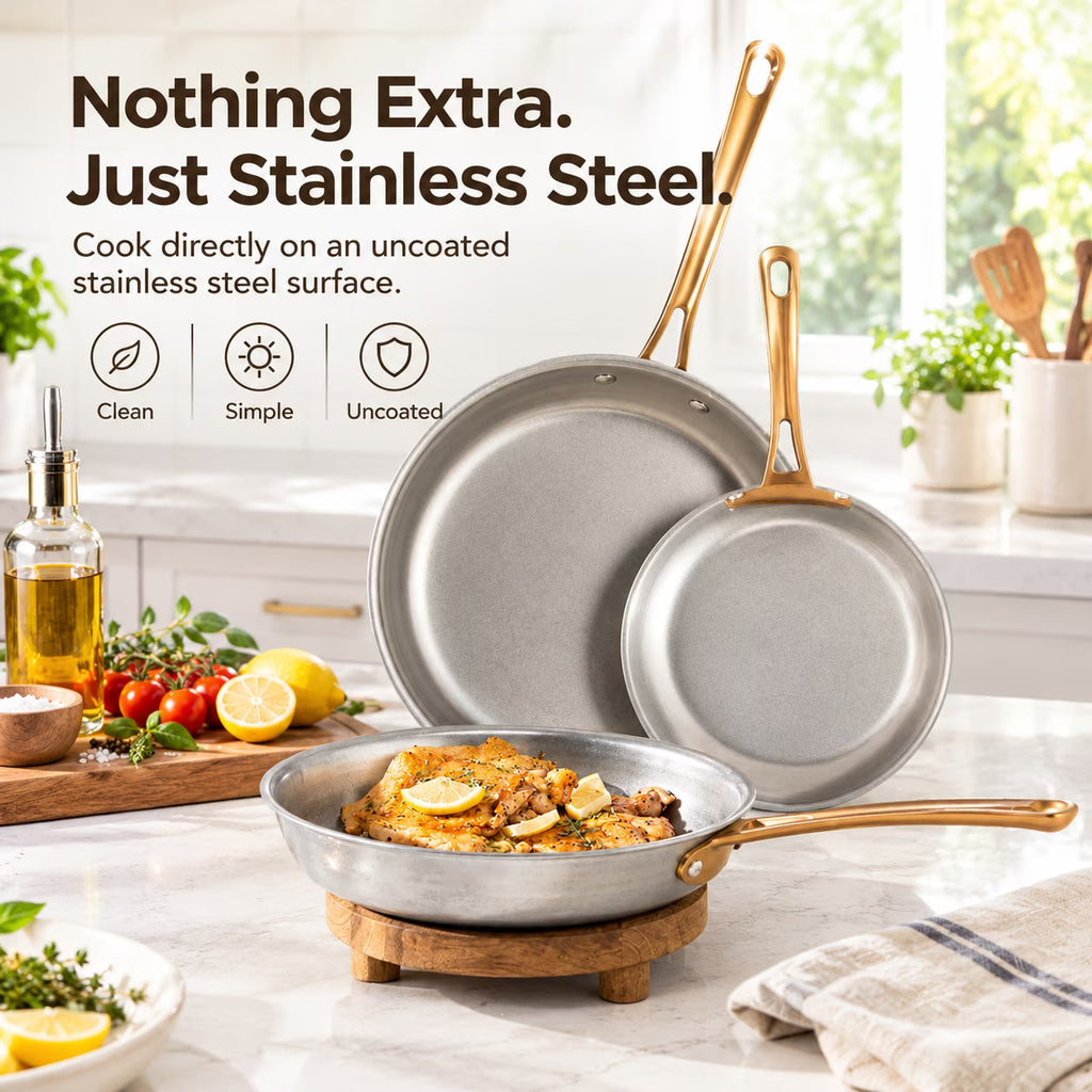 KITEXPERT 11 Inch Tri-Ply Stainless Steel Pan, Retro Skillet with Tempered Glass Lid, Cooking Pan, Non Toxic Cookware, Oven Safe, Dishwasher Friendly, Induction Compatible