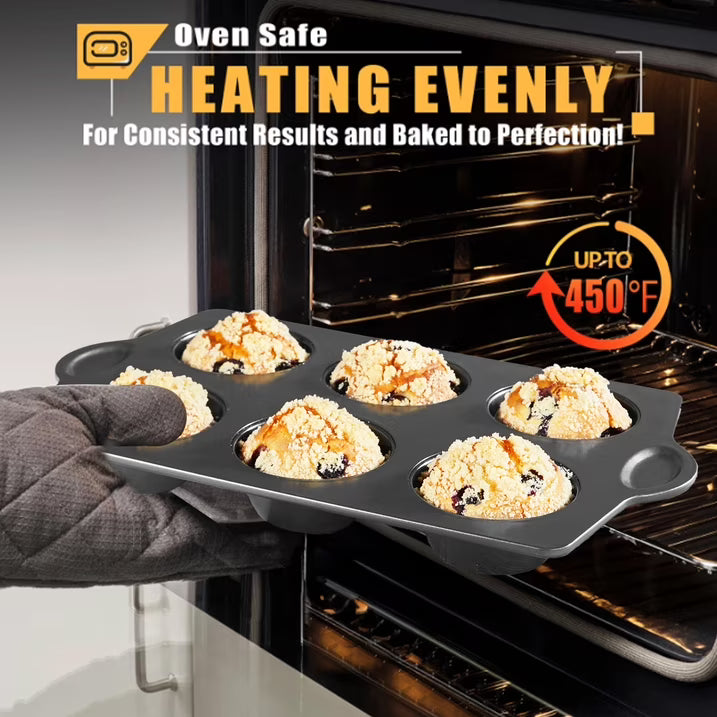 HONGBAKE 2 Pack Jumbo Muffin Pan Nonstick, 6 Cup Non Toxic Jumbo Cupcake Pan for Baking, 27% Thicker Carbon Steel Large Muffin Tin, 3.5dia, Dishwasher Safe