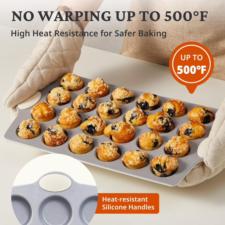 HONGBAKE Ceramic Mini Muffin Pan, 24-Cup Nonstick Aluminized Steel Cupcake Pans, Healthy Non-Toxic Ceramic Coating Mini Muffin Tin, 1Pack Cup Cake Pans for Baking Cream