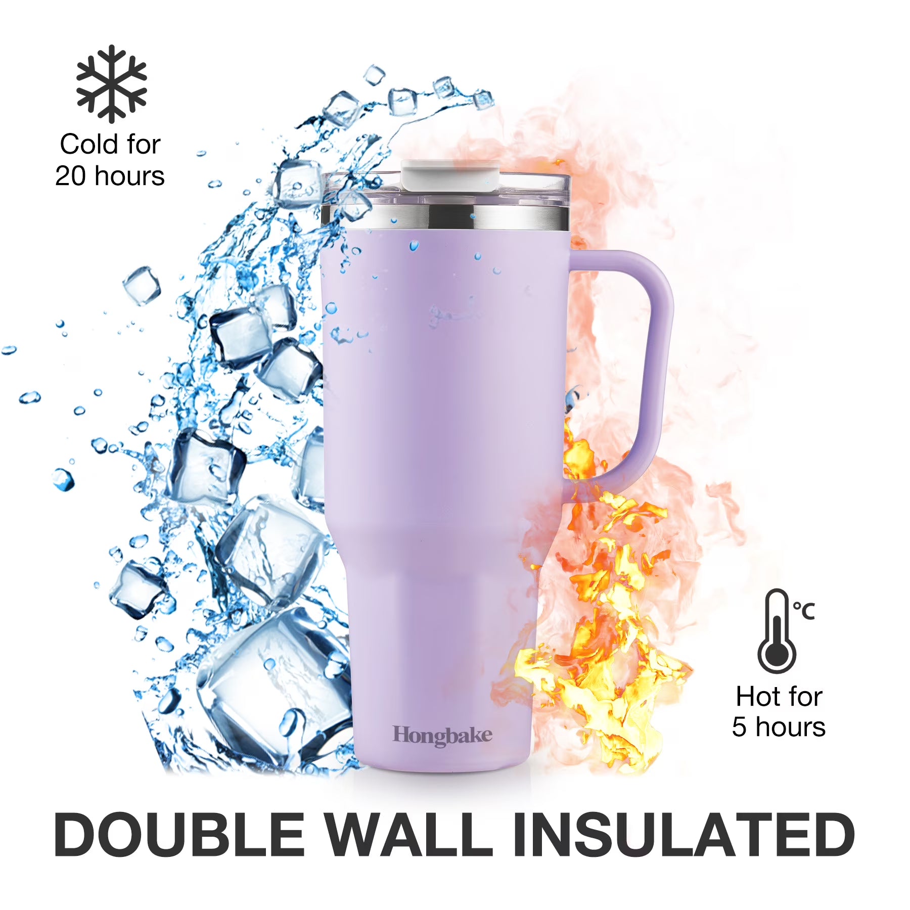 HONGBAKE 40 oz Tumbler with Handle and Straw Lid, Vacuum Insulated Stainless Steel Tumbler, Travel Mug Fits Cup Holder, Dusty Lavender