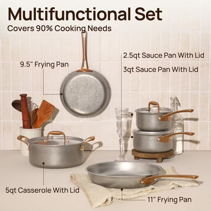 KITEXPERT Pots and Pans Set 8 Pcs, Vintage Stainless Steel Cookware Set Non-Toxic, Kitchen Cooking Set with Frying Pans, Saucepans, Oven & Dishwasher Safe, Induction Compatible