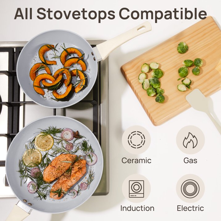 KITEXPERT Non Stick Frying Pan, 8" 9.5" 11" Ceramic Pan Set with Lid, Non Toxic Cooking Pan, Skillet for Induction Hob, Cream