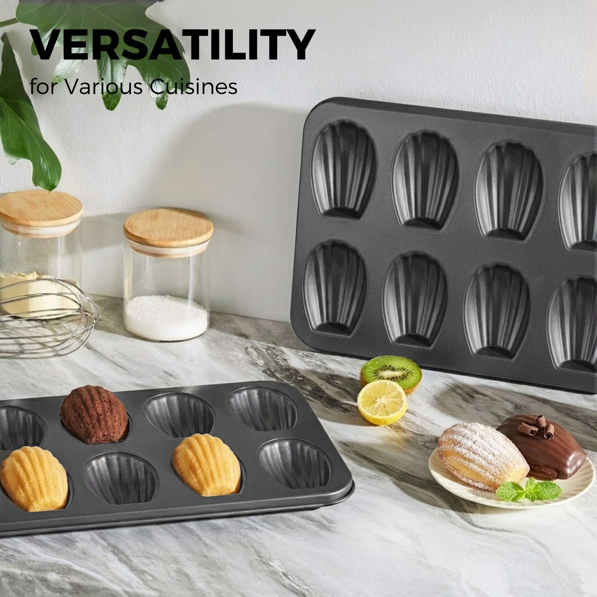 HONGBAKE Nonstick Madeleine Pan 2 Pack 12-Cavity Heavy Duty Madeleine Cookies Trays for Oven Baking, Cake Mold Warp Resistant Shell Shape Madeleine Mold Cake Pan, Space Grey
