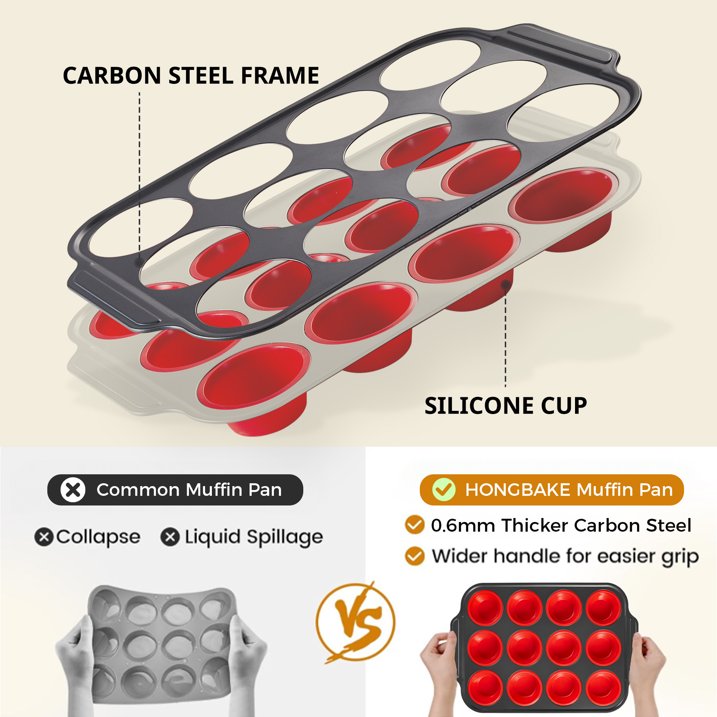 HONGBAKE Silicone Muffin Pan with Metal Frame, Silicone Cupcake Molds 12 Regular Size, Muffin Tin Easy to Pop, Nonstick Egg Bite Molds for Baking, Non Toxic Muffin Tray, Red