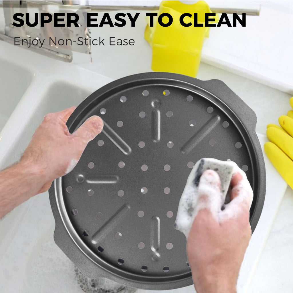 HONGBAKE 12 Inch Pizza Pan with Holes, 2 Pack Non-Stick Pizza Pans for Baking, Carbon Steel Perforated Crispy Pizza Tray for Oven for Home Kitchen, Pizza Sheet Baking Supplies, Grey