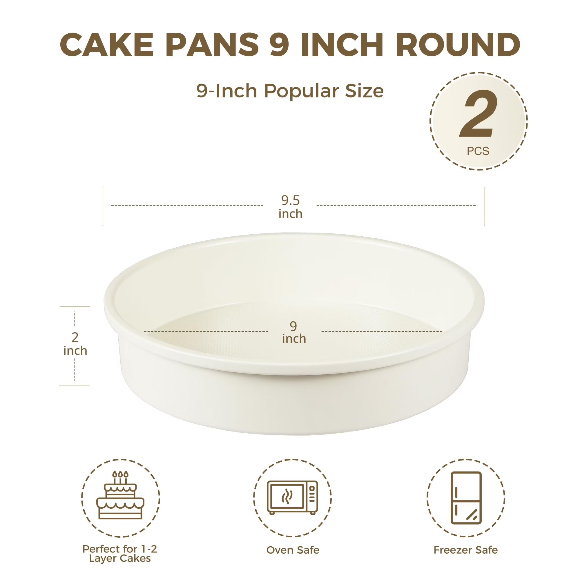 HONGBAKE 9 Inch Round Cake Pan Set of 2, Nonstick Ceramic Coating Cake Molds with Diamond Texture, Aluminized Steel Cake Pans Sets for Baking & Cheesecake, Heavy Duty & Non-Toxic (Cream, 2PCS)
