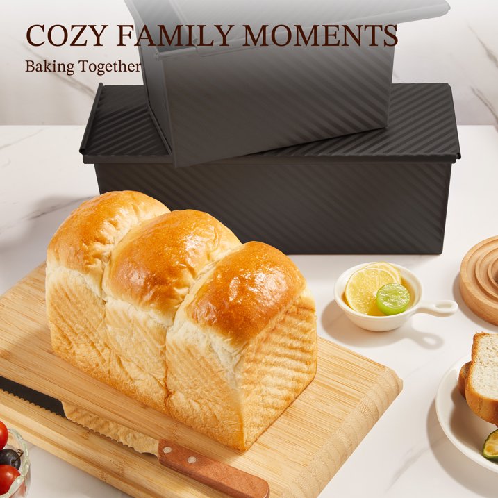 KITESSENSU Bread Pan for Baking, Pullman Loaf Pan with Lid, Non-Stick Bread Loaf Pan Heavy Duty, Carbon Steel Bread Baking Pan, Black