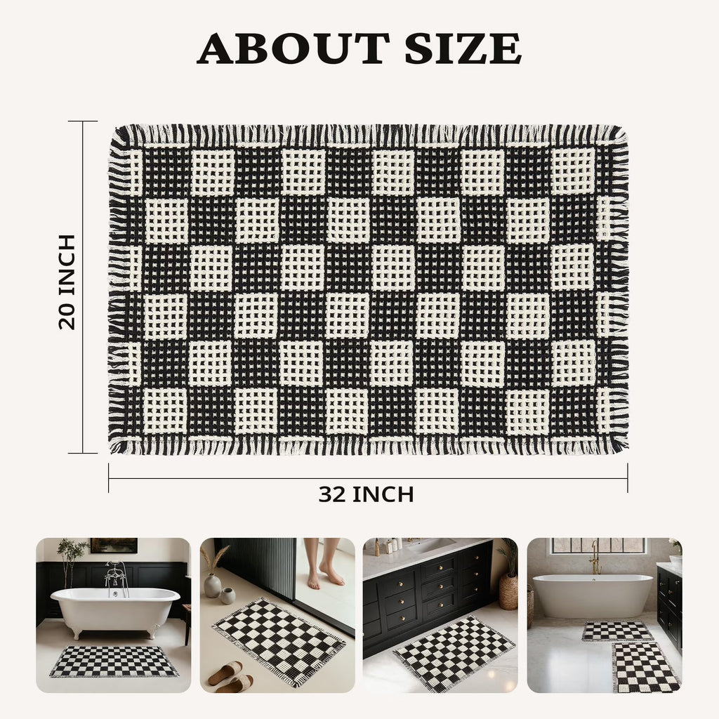 MatEssenz Waffle Bath Mat Non-Slip Machine Washable Super Absorbent Quick-Drying Waffle Woven Carpet Soft and Comfortable Foot Feeling Unslip Bottom Design 20" x 32" Black and White Grid