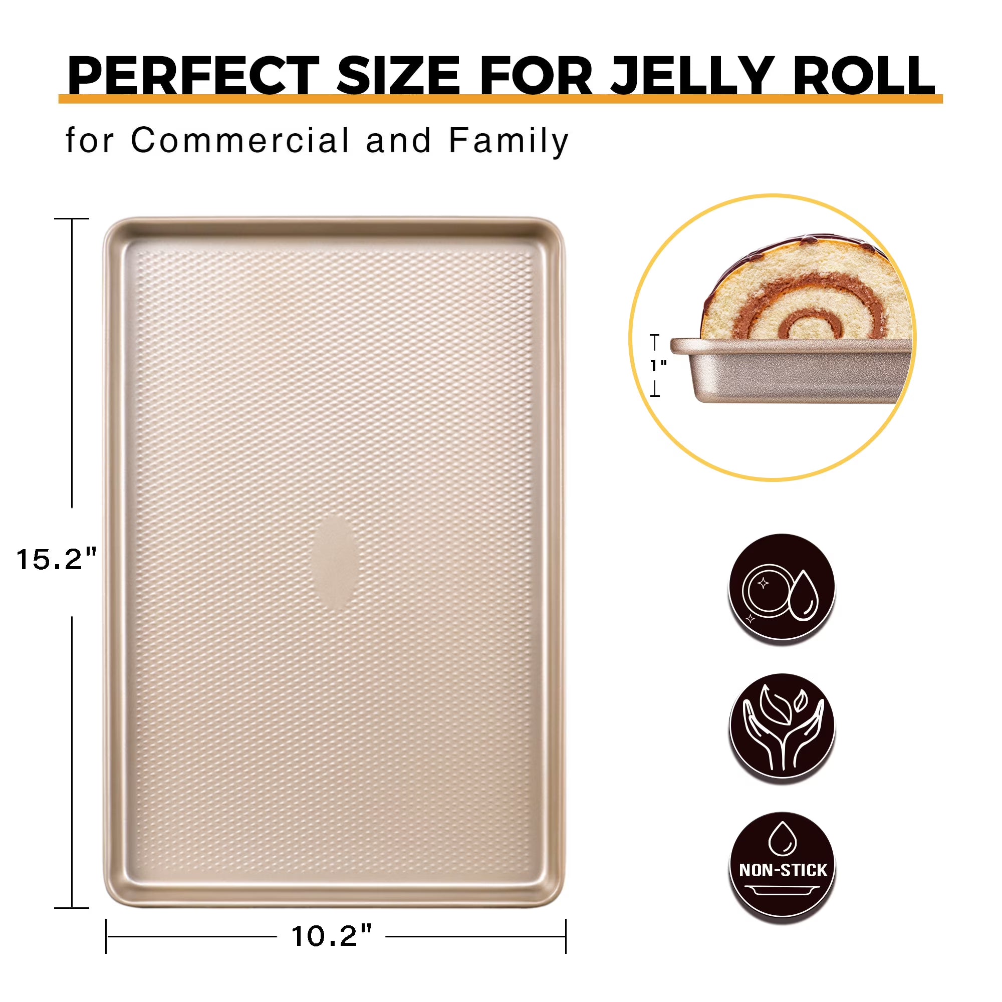 HONGBAKE Jelly Roll Pan 15x10 with Diamond Texture, Cookie Sheet for Baking, Non Stick Baking Sheet Pan for Oven, Heavy Duty Baking Trays Non Toxic, 57% Thicker Carbon Steel, Gold