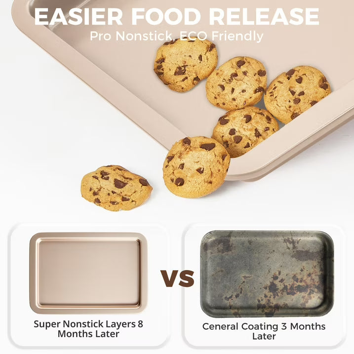 HONGBAKE Baking Sheet Pan, Cookie Sheet Pans for Baking, Cookie Sheets Nonstick Sets, Baking Trays for Oven, Baking Sheets for Oven with Wider Grips, Dishwasher Safe (3 Pack), Gold