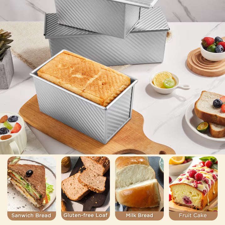 KITESSENSU Bread Pan for Baking, Pullman Loaf Pan with Lid, Non-Stick Bread Loaf Pan Heavy Duty, Carbon Steel Bread Baking Pan, Silver