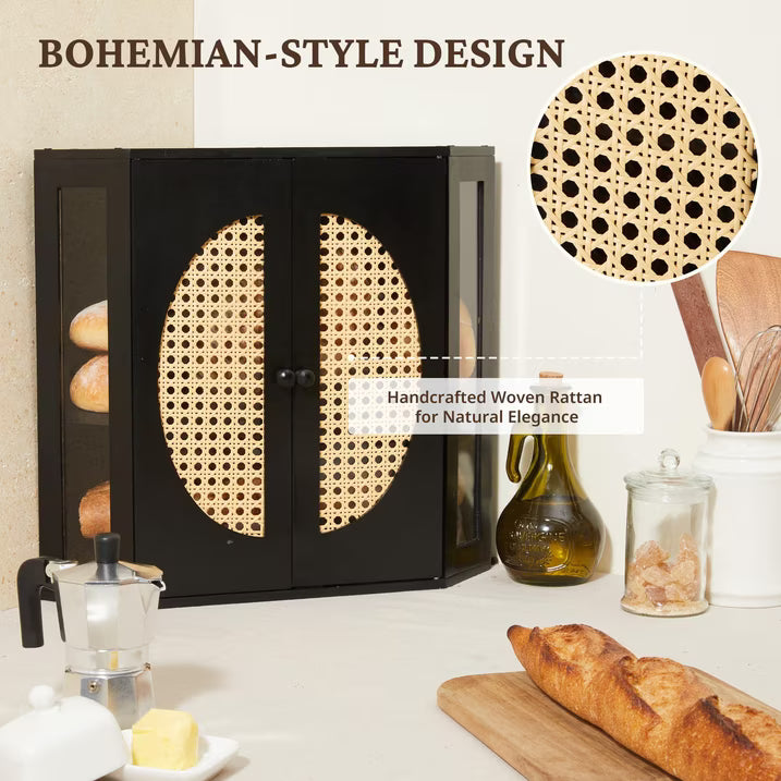 Double Layer Corner Bread Box for Kitchen Counter with Height-adjustable Partition, Black Bamboo Wooden Bread Box for Multiple Loaves, Modern Breadbox for Kitchen Countertop -Large