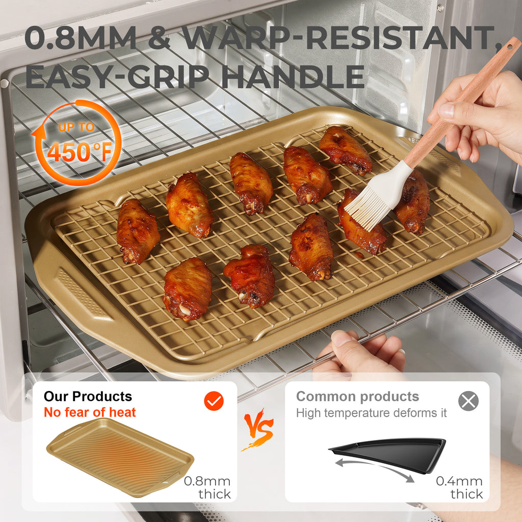 HONGBAKE 34-Piece Non Stick Bakeware Sets with Wave Texture for Reduced Grease, 0.8mm Thick Non Toxic Baking Pans Set, Includes Stackable Cookie Sheets for Oven, Gold
