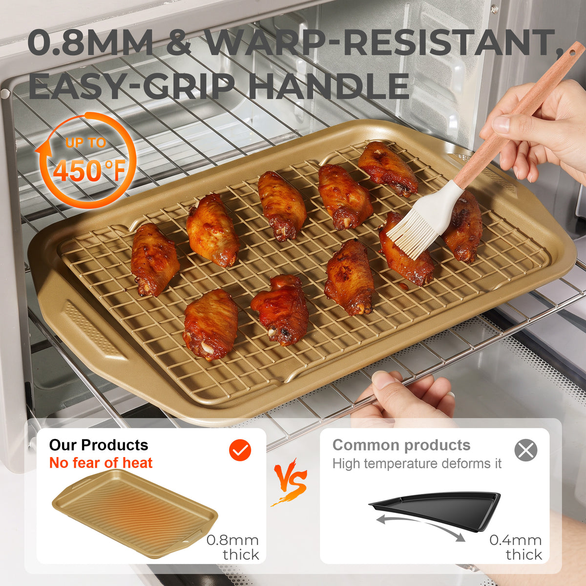 HONGBAKE 34-Piece Non Stick Bakeware Sets with Wave Texture for Reduced Grease, 0.8mm Thick Non Toxic Baking Pans Set, Includes Stackable Cookie Sheets for Oven, Gold