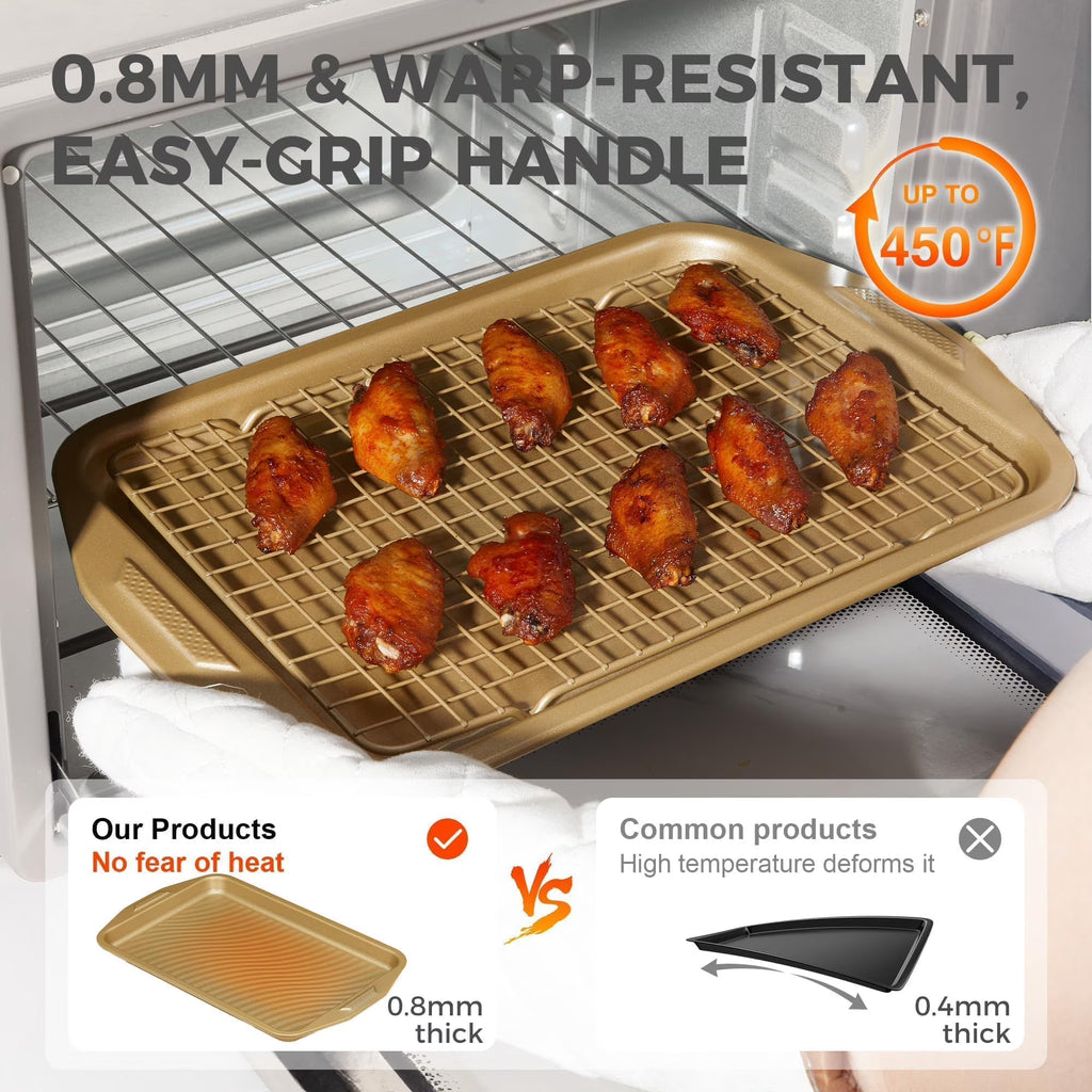 HONGBAKE 9-Piece Non Stick Bakeware Sets with Wave Texture for Reduced Grease, 0.8mm Thick Non Toxic Baking Pans Set, Includes Stackable Cookie Sheets for Oven, Gold
