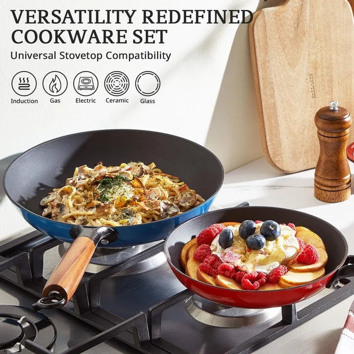 KITESSENSU Enameled Cast Iron Skillets, Non Stick Frying Pans Set with Durable Wooden Handle, 8&10&12 Inch Cast Iron Pans for Multi-Cooking, Pre Seasoned Cookware Set - Gradual Burgundy Red