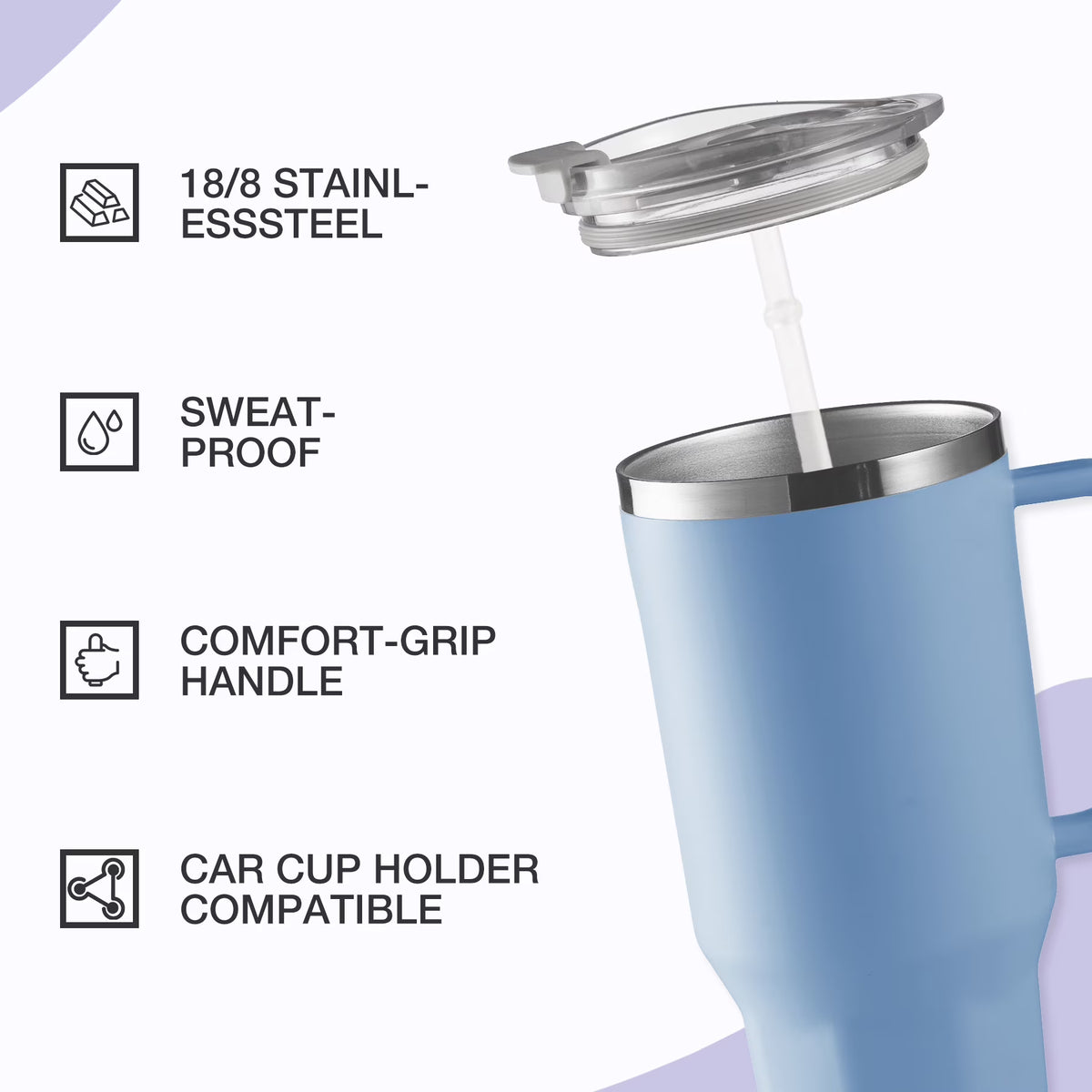 HONGBAKE 40 oz Tumbler with Handle and Straw Lid, Insulated Stainless Steel Tumbler, Travel Mug Fits Cup Holder, Powder Blue