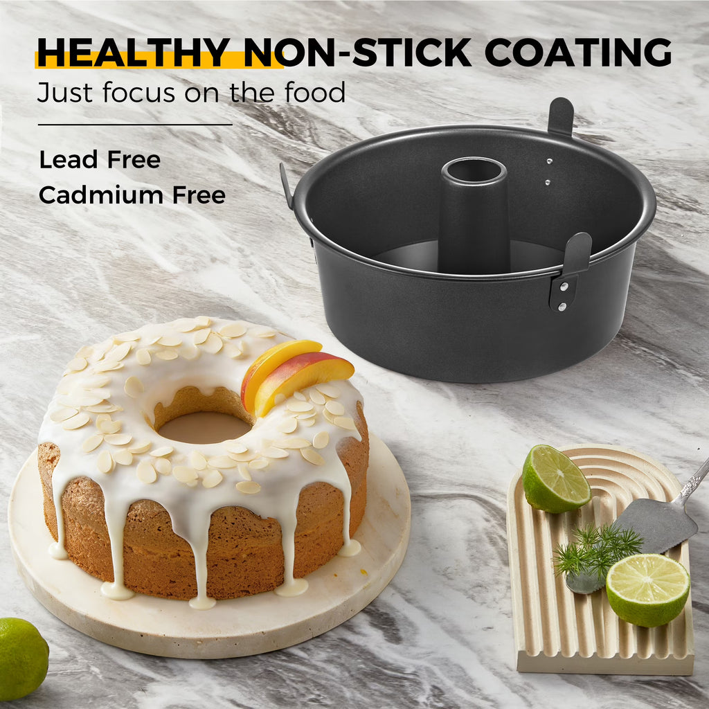 HONGBAKE Angel Food Cake Pan with Removable Bottom, 10 inch Carbon Steel Bundt Cake Pan for Baking, Non-stick Pound Tube Pans for Cakes, 16-Cup, Heavy Duty - Dark Grey