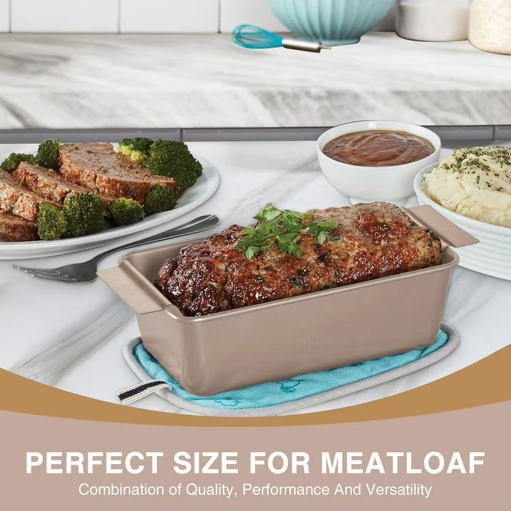 HONGBAKE 2-in-1 Meatloaf Pan with Drainer, Nonstick Loaf Pans with Strainer, 9"x 5" Meat Loaf for Baking, Reduce the Fat and Kick Up the Flavor, Gold