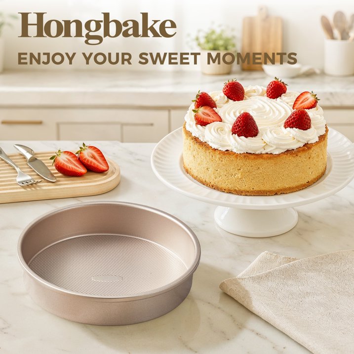 HONGBAKE 9 Inch Round Cake Pan Set of 2, Nonstick Ceramic Cake Pans for Baking, Diamond Texture Aluminized Steel Bakeware, Heavy Duty Round Cake Pans for Cheesecake & Layer Cakes (Gold)