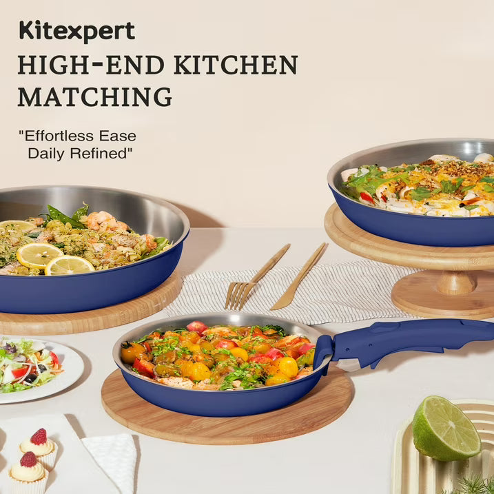 KITEXPERT Non Toxic Stainless Steel Frying Pan Set (8",10",12"), Tri-Ply Nonstick Skillet Pans with Removable Handles, Dishwasher & Oven Safe, All Stovetops Compatible, Blue