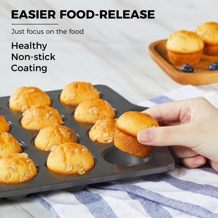 HONGBAKE Mini 24 Ceramic Muffin Pan Set, Nonstick Cupcake Pans with Ear Shaped Wider Grips, Non-toxic, Heavy-duty Small Cheesecake Tray, Gray