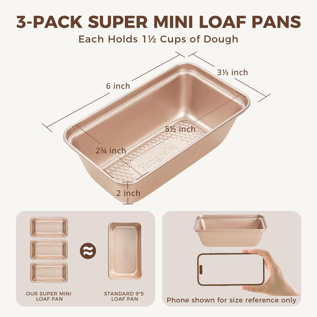 HONGBAKE 3 Pack Nonstick Mini Loaf Pans, 6 x 3.3 x 2 Inch Small Bread Pans for Homemade Bread, Banana Small Baking Pans with Diamond Texture, Non-toxic Mini Meatloaf Pans Set, Champagne Gold