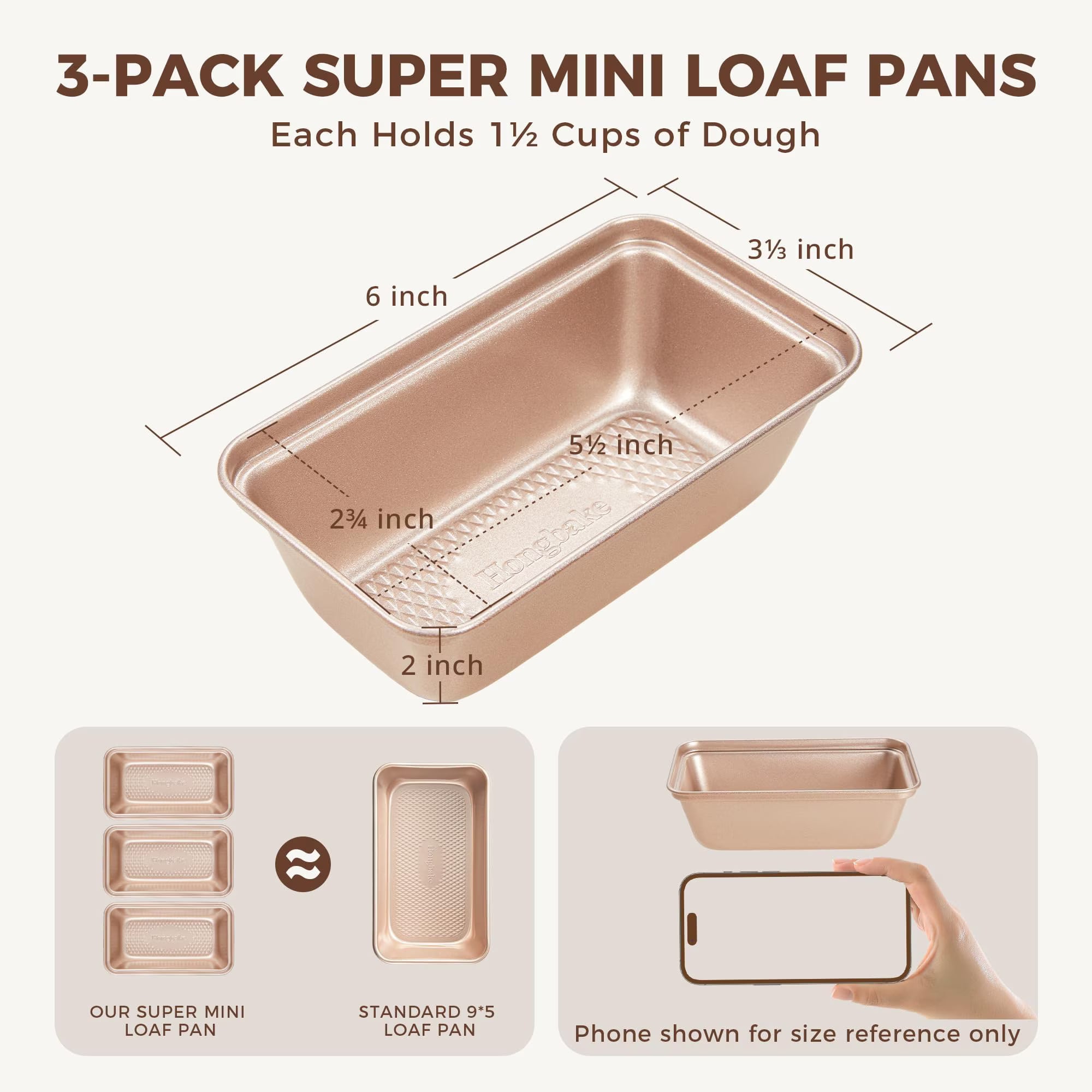 HONGBAKE 3 Pack Nonstick Mini Loaf Pans, 6 x 3.3 x 2 Inch Small Bread Pans for Homemade Bread, Banana Small Baking Pans with Diamond Texture, Non-toxic Mini Meatloaf Pans Set, Champagne Gold