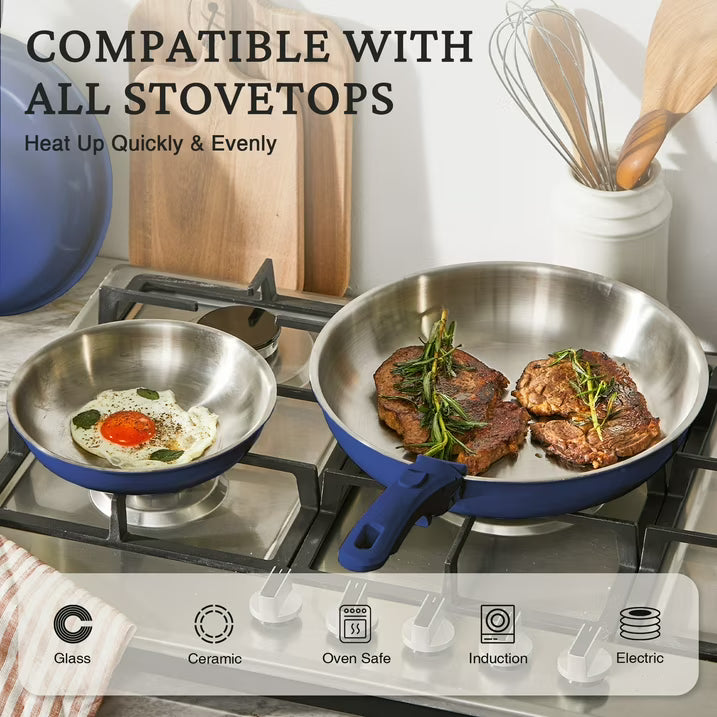 KITEXPERT Non Toxic Stainless Steel Frying Pan Set (8",10",12"), Tri-Ply Nonstick Skillet Pans with Removable Handles, Dishwasher & Oven Safe, All Stovetops Compatible, Blue