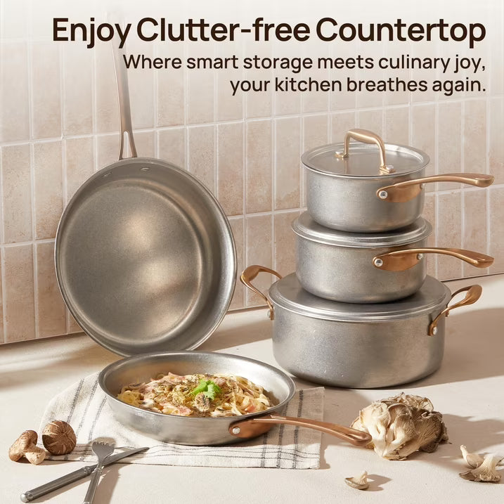 KITEXPERT Pots and Pans Set 8 Pcs, Vintage Stainless Steel Cookware Set Non-Toxic, Kitchen Cooking Set with Frying Pans, Saucepans, Oven & Dishwasher Safe, Induction Compatible