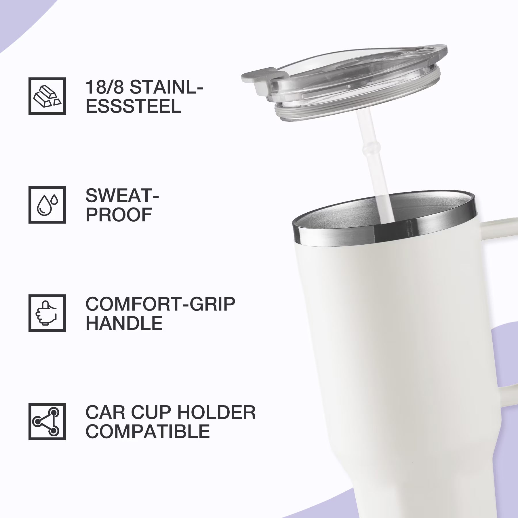 HONGBAKE 40oz Stainless Steel Tumbler with Handle & Straw Lid, Vacuum Insulated Tumbler, White