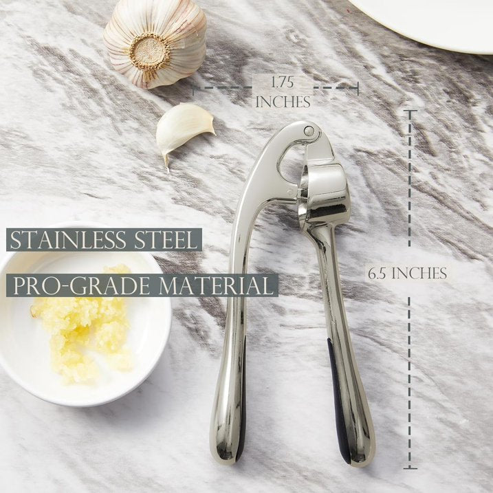 Premium Garlic Press, Garlic Mincer Set of 3 with Silicone Roller Peeler & Cleaning Brush - Imperial Silver