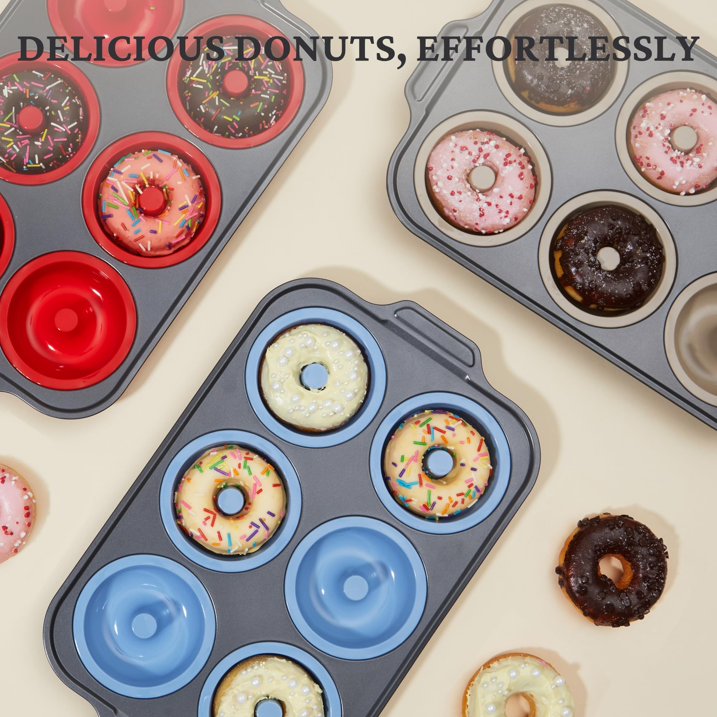 HONGBAKE Silicone Donut Pan for Baking with Metal Frame, 3.35 Inch Large doughnut pan,donut molds for baking Nonstick Non Toxic Bakeware for Oven, Red