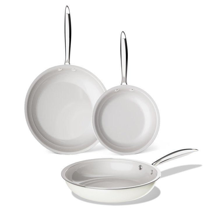 KITEXPERT Non Stick Frying Pans Set, Titanium Ceramic Pan Skillet Set Non Toxic, 8" 9.5" 11" Nonstick Frying Pan, Stainless Steel Handle, Dishwasher & Oven Safe, Cream