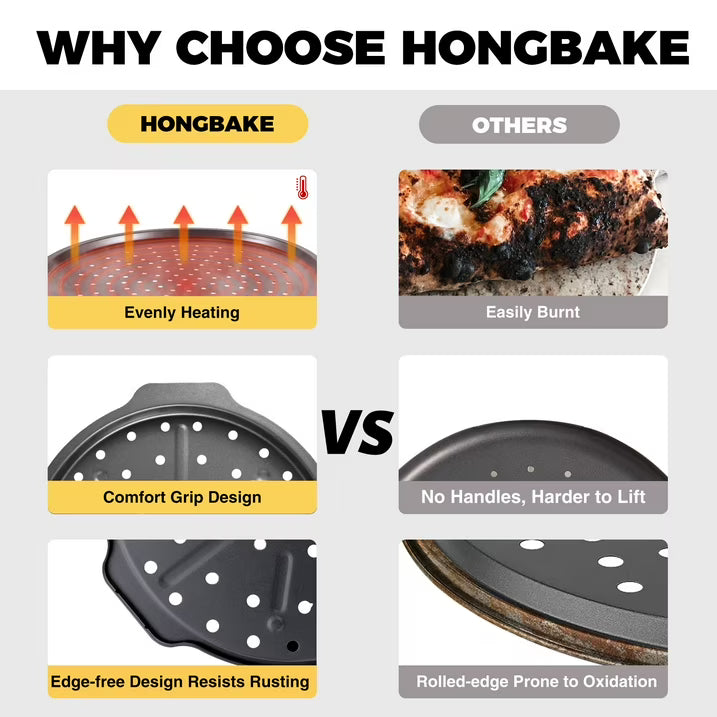 HONGBAKE 12 Inch Pizza Pan with Holes, 2 Pack Non-Stick Pizza Pans for Baking, Carbon Steel Perforated Crispy Pizza Tray for Oven for Home Kitchen, Pizza Sheet Baking Supplies, Grey