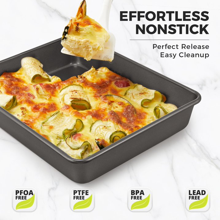 HONGBAKE Deep Baking Pans Set of 3, Nonstick Rectangle Sheet Cake Pans, 13/11/9 Inch Metal Oven Tray for Cooking Lasagna Brownie, Stackable Multi-Depth Bakeware, Black