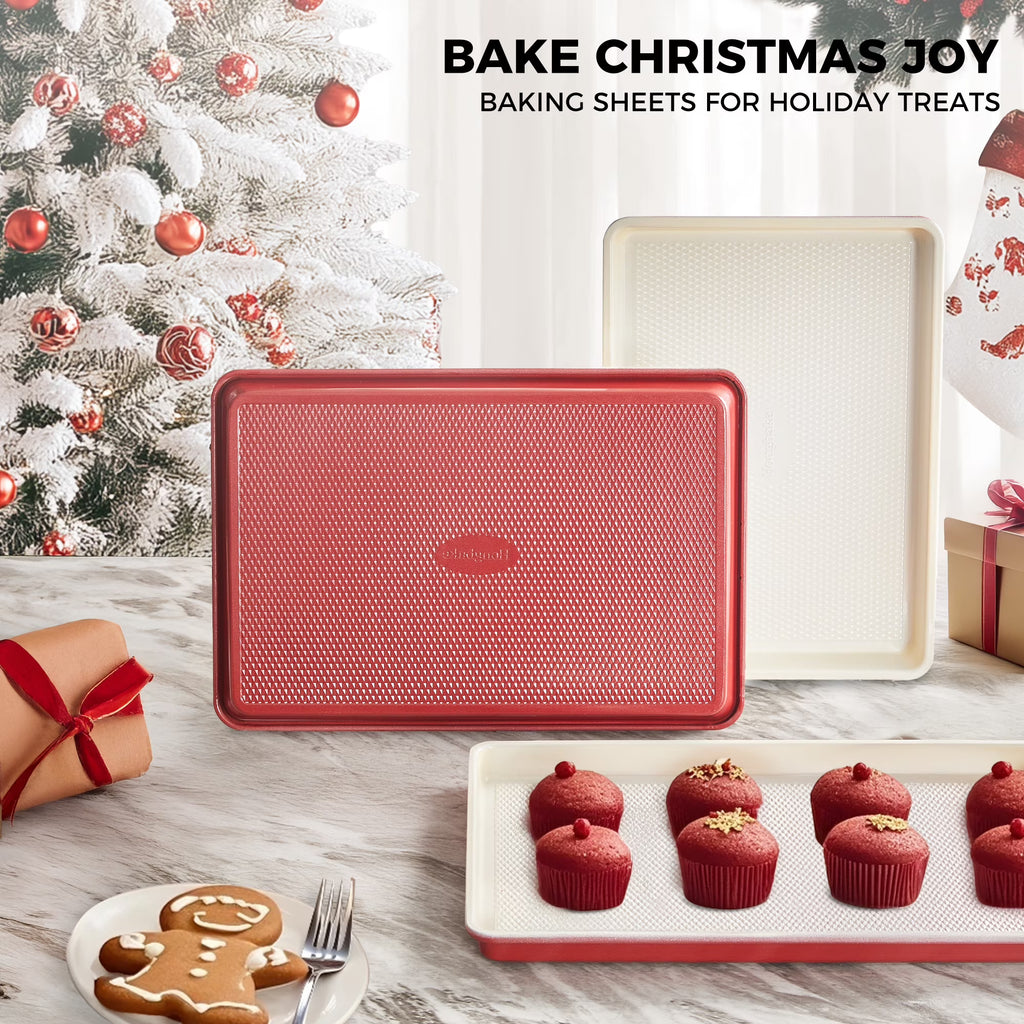HONGBAKE Ceramic Cookie Sheets Nonstick Sets, Non-Toxic Baking Pan, Cookie Sheets for Baking with Diamond Texture Pattern, 0.8mm Aluminized Stee Baking Sheet Pans for oven, Ceramic Cream & Red